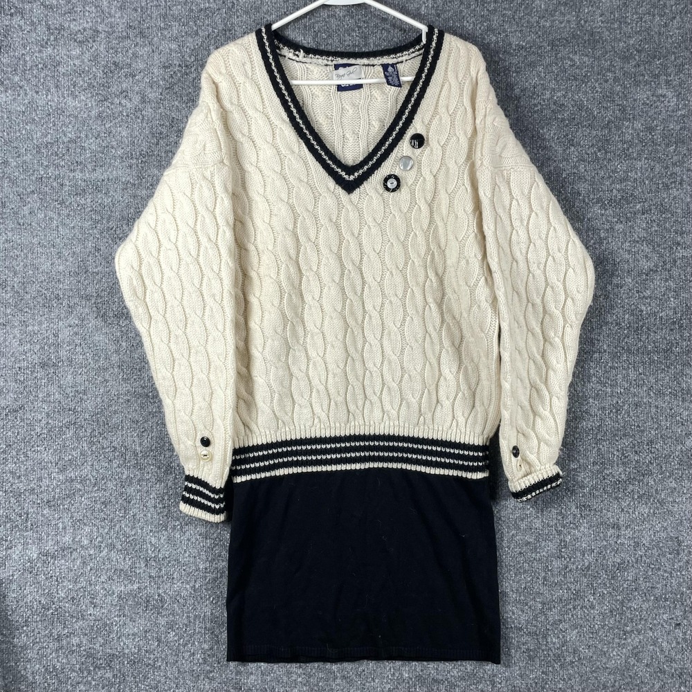 VTG Gap Sweater‎ Dress Womens M White Black Wool Cable Knit Buttons Varsity 90s